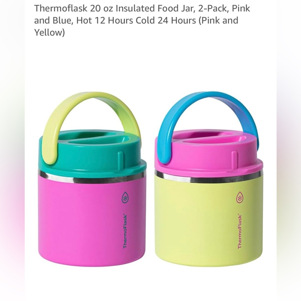 Thermoflask 20oz Insulated Food Jar,2-Pack,Pink Yellow,Hot 12Hours Cold 24Hours